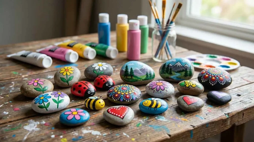 Collection of colorful painted rocks with beginner friendly acrylic designs
