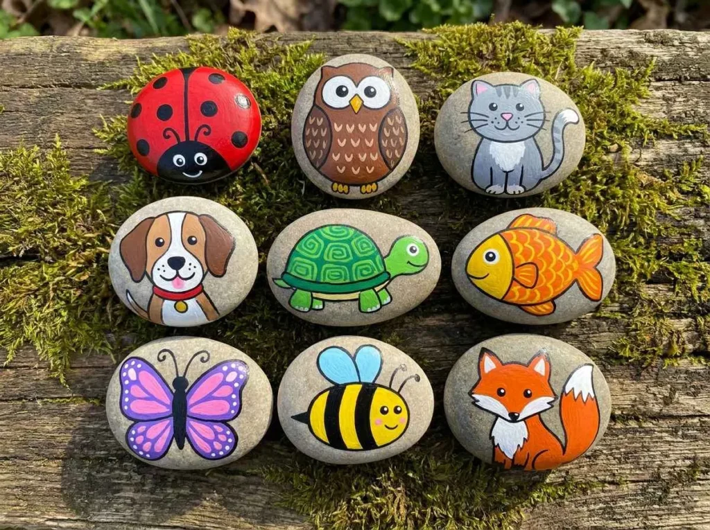 Animal painted rocks with ladybug owl cat dog and fish designs