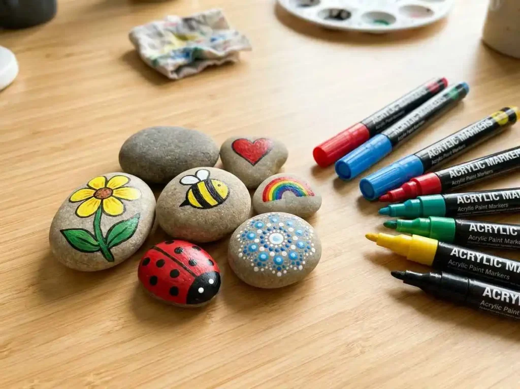 Paint pens beside colorful painted rocks