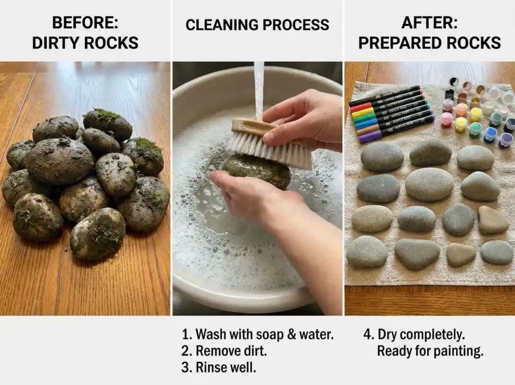Hands washing smooth rocks before starting a painting project