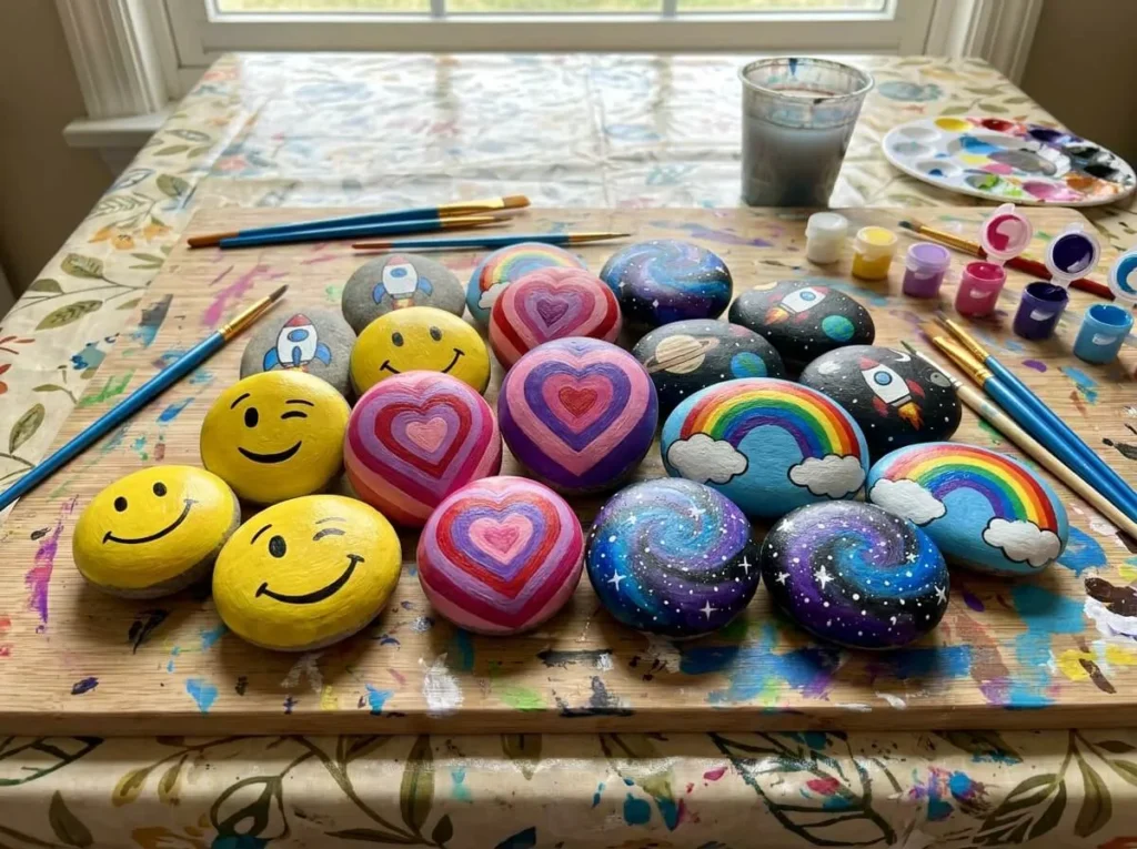 Cute painted rocks with emoji hearts rainbow and galaxy designs