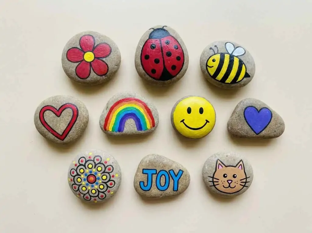 Easy painted rocks with flowers hearts bees and simple patterns