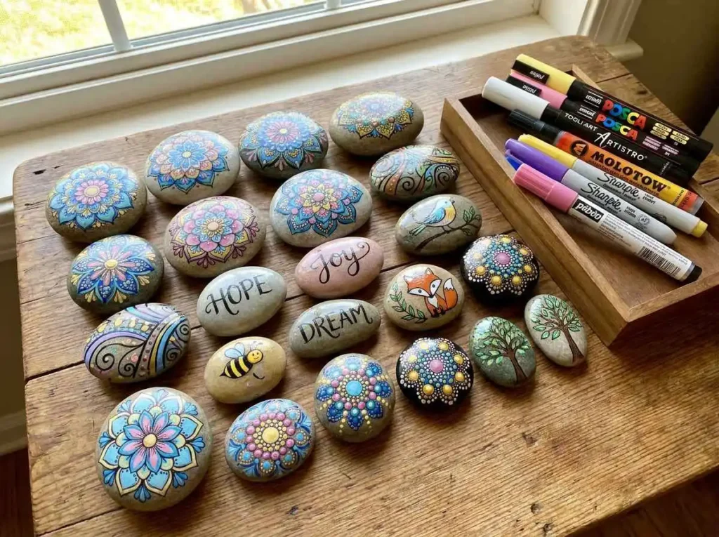 Collection of finished rocks decorated with paint pens
