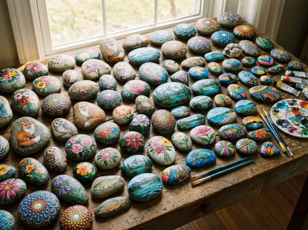 Beautiful collection of finished painted rocks with different acrylic designs