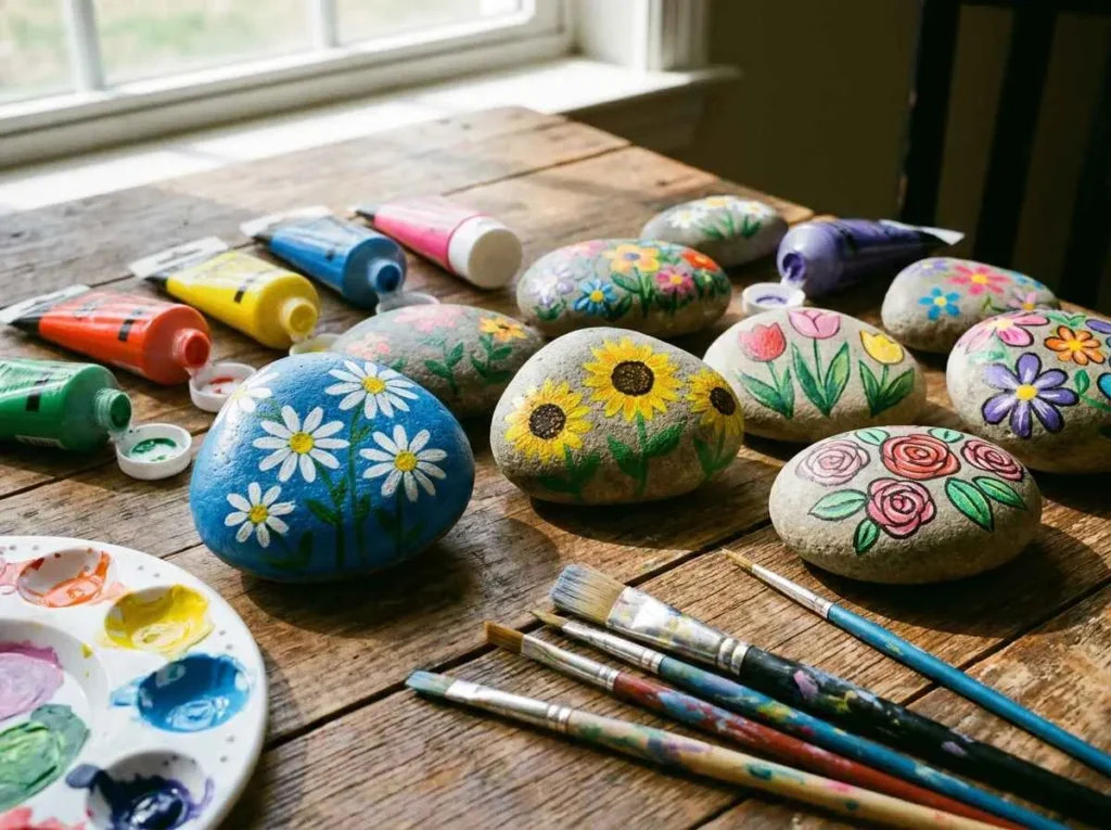Flower painted rocks with daisy sunflower rose and tulip designs