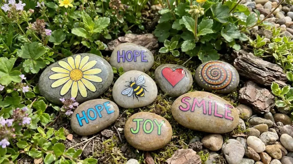 Sealed painted rocks displayed outdoors in a garden