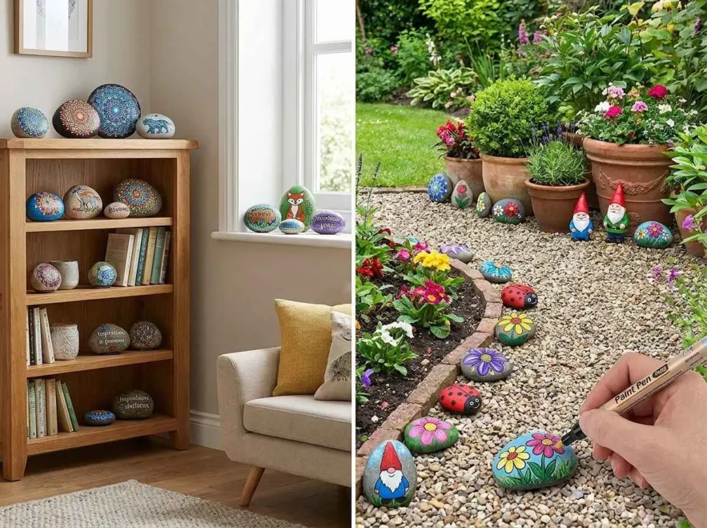 Indoor and outdoor painted rocks displayed in different settings