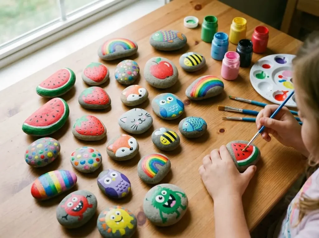Simple painted rock ideas for kids with fruit animals and colorful patterns