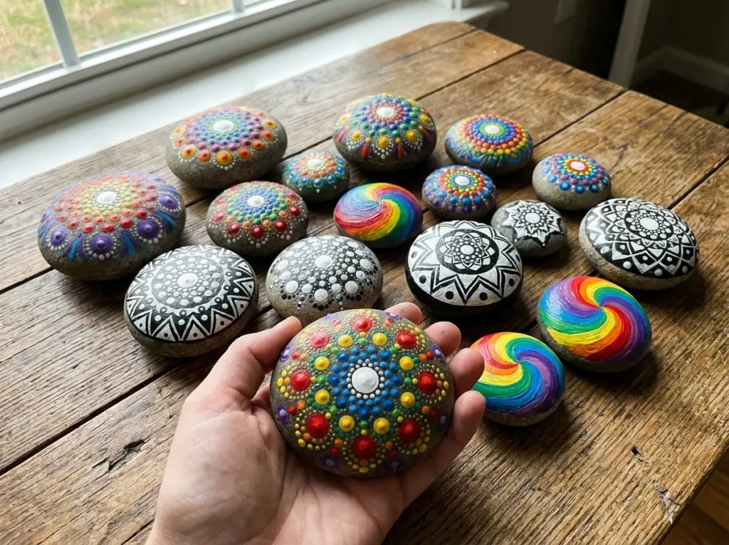 Colorful mandala painted rocks with dot patterns and acrylic designs