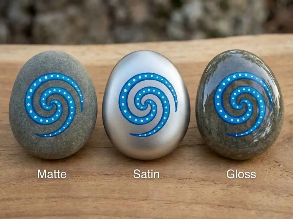 Painted rocks showing matte satin and gloss sealer finishes