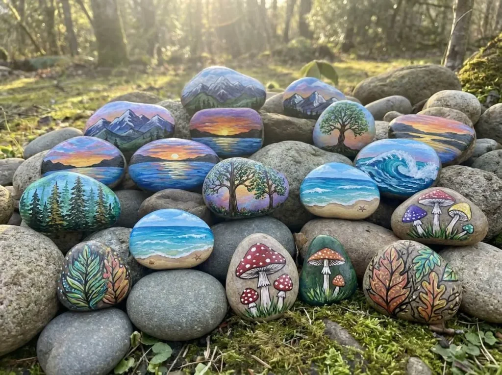 Nature inspired painted rocks with mountains trees sunsets and ocean designs