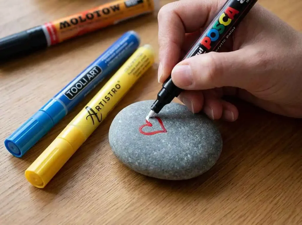 Acrylic paint pens being used on smooth rocks
