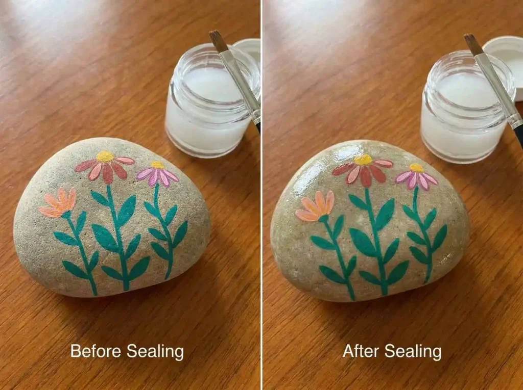 Painted rock before and after applying clear sealer