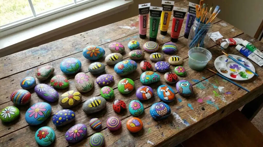 Colorful painted rocks with acrylic designs and craft supplies on a table