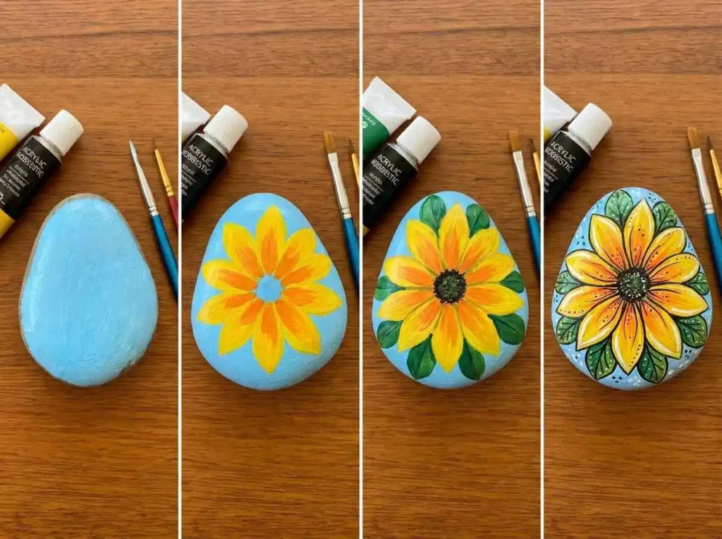 Hand painting a colorful design on a rock using acrylic paint