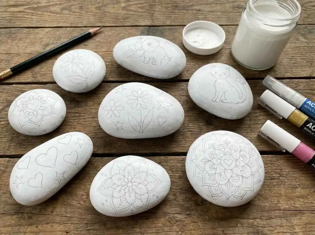 Simple pencil sketch ideas drawn on rocks before painting