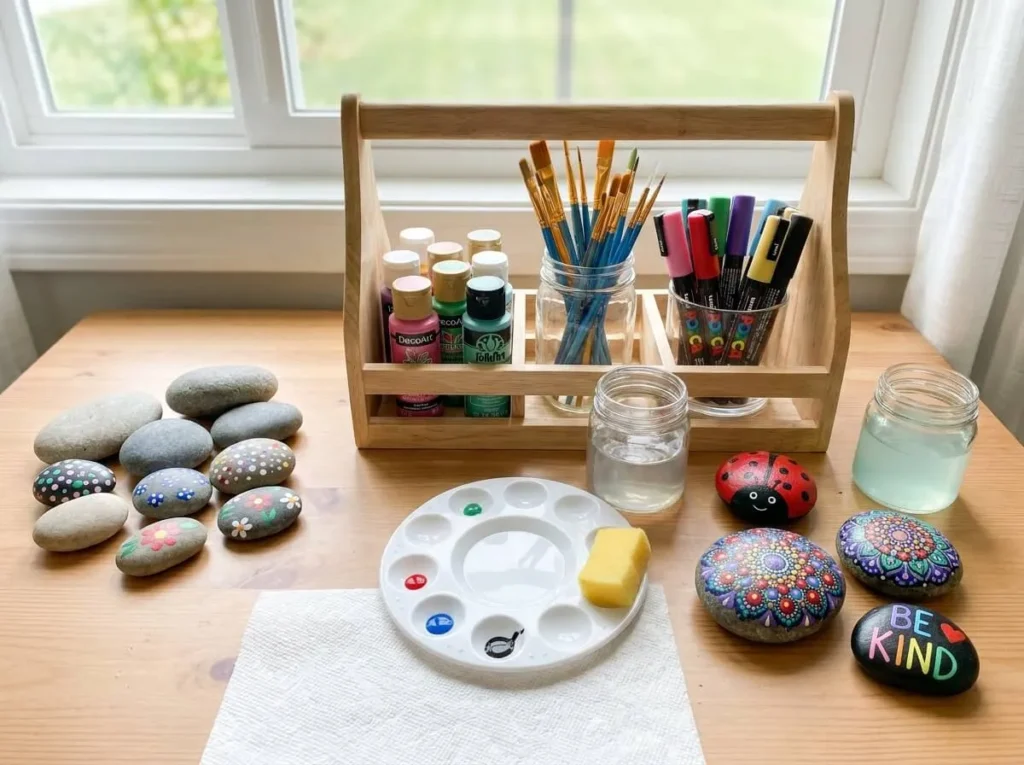 Rock painting supplies including acrylic paints brushes and finished painted stones