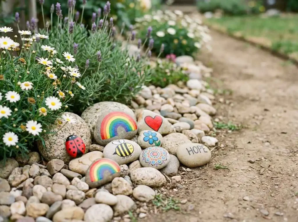 Finished sealed painted rocks arranged outdoors