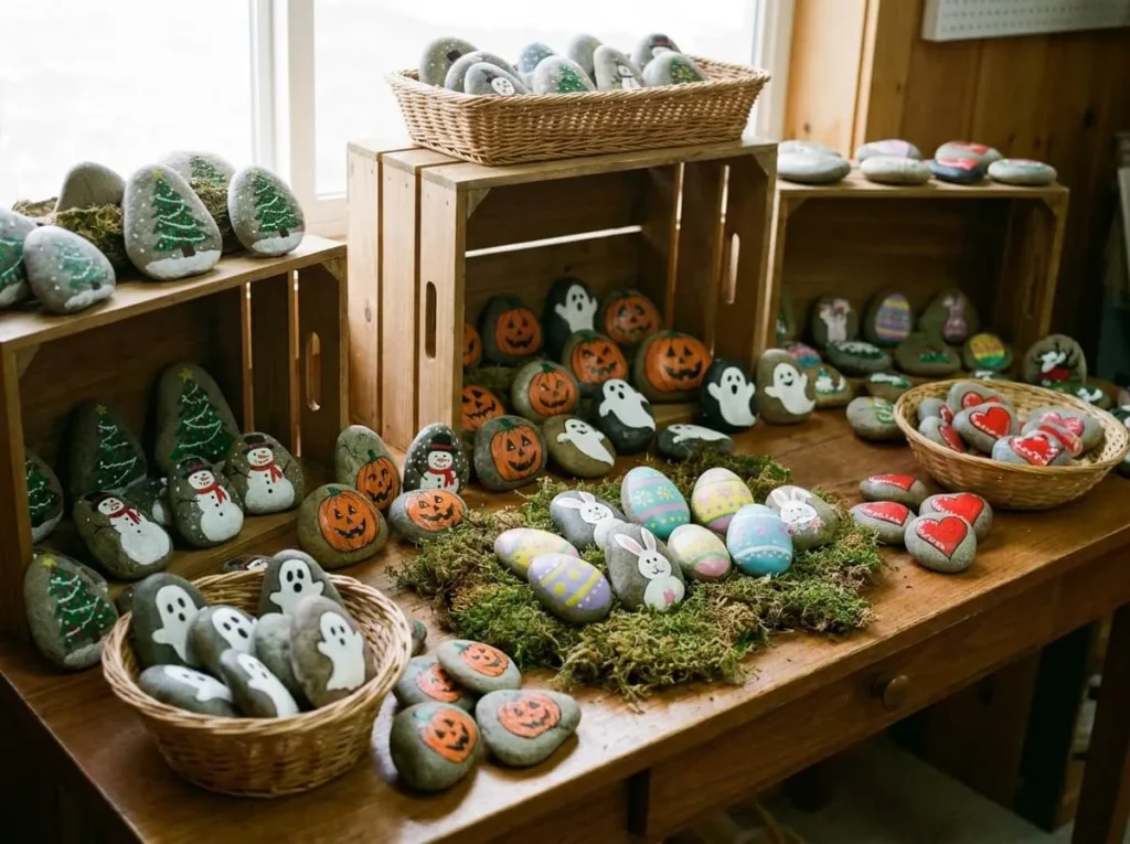 Seasonal painted rocks with Christmas Halloween Easter and Valentine designs