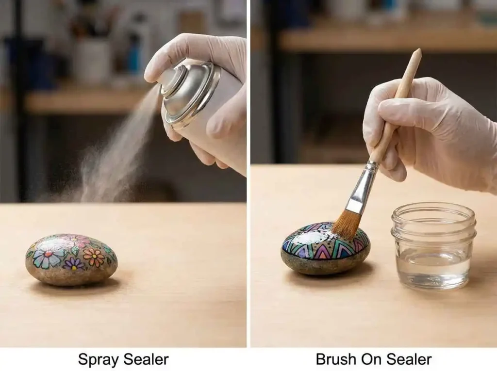 Spray sealer and brush on sealer methods for painted rocks