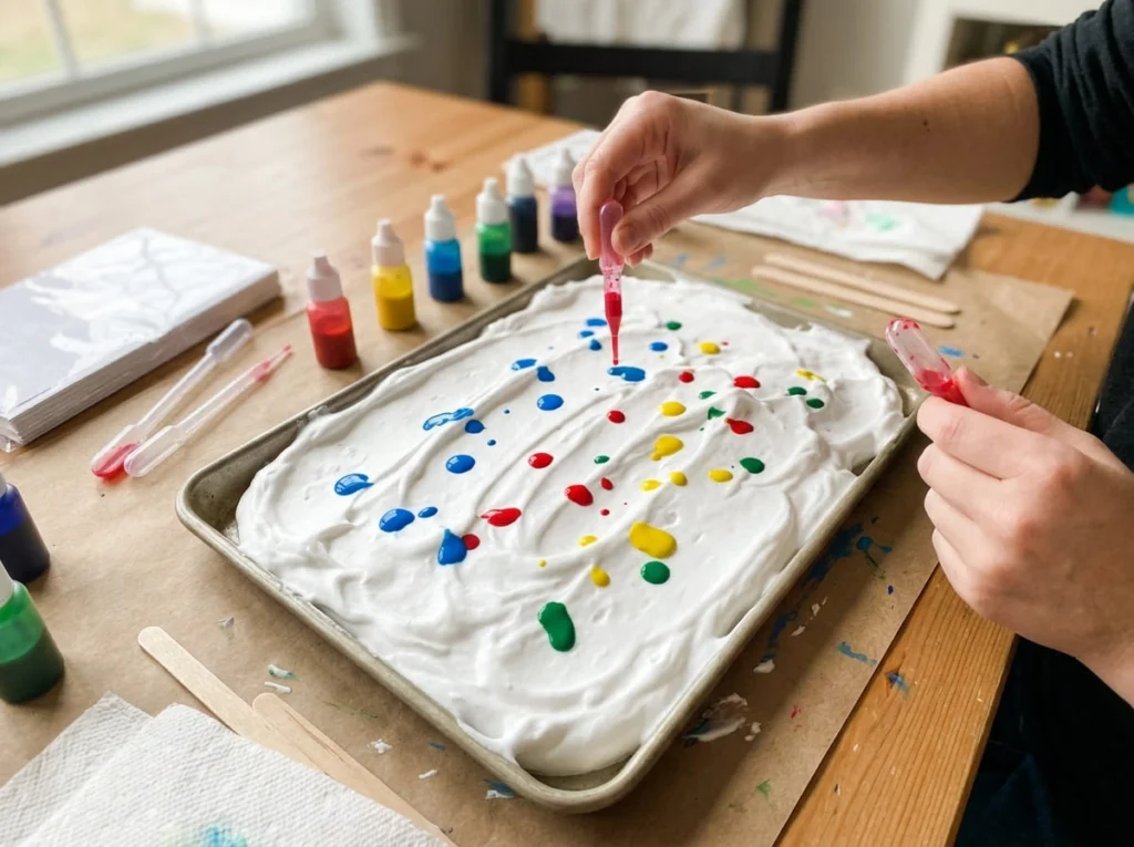 Adding paint colors to shaving cream for marbling art