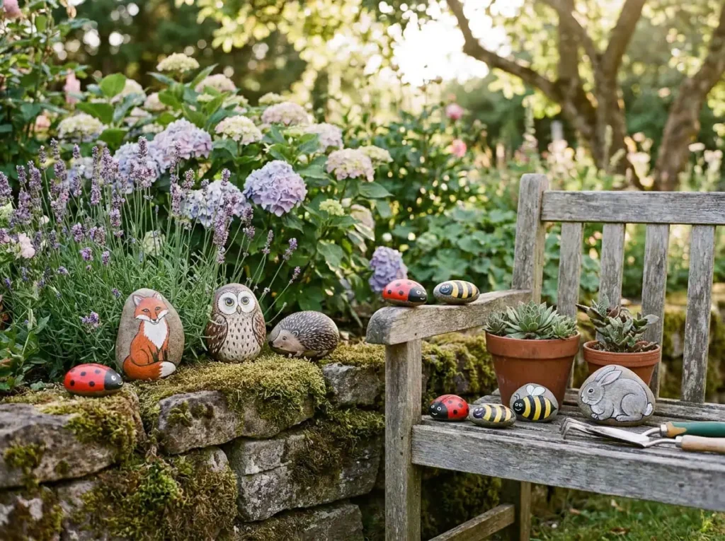 Animal painted rocks displayed as handmade garden decorations