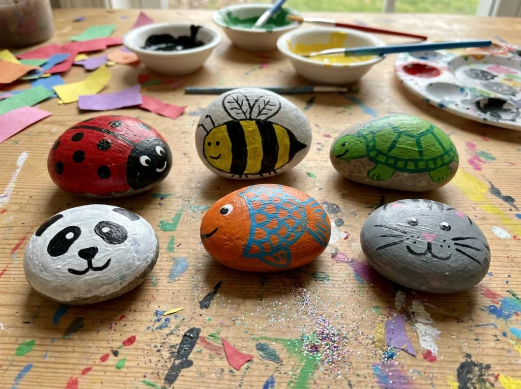 Animal rock painting ideas for kids featuring cute painted animal rocks