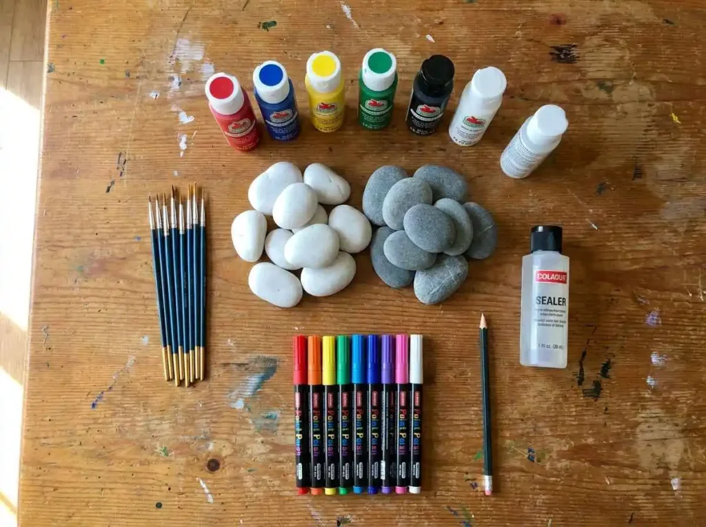 Supplies needed for animal rock painting including acrylic paints brushes and rocks