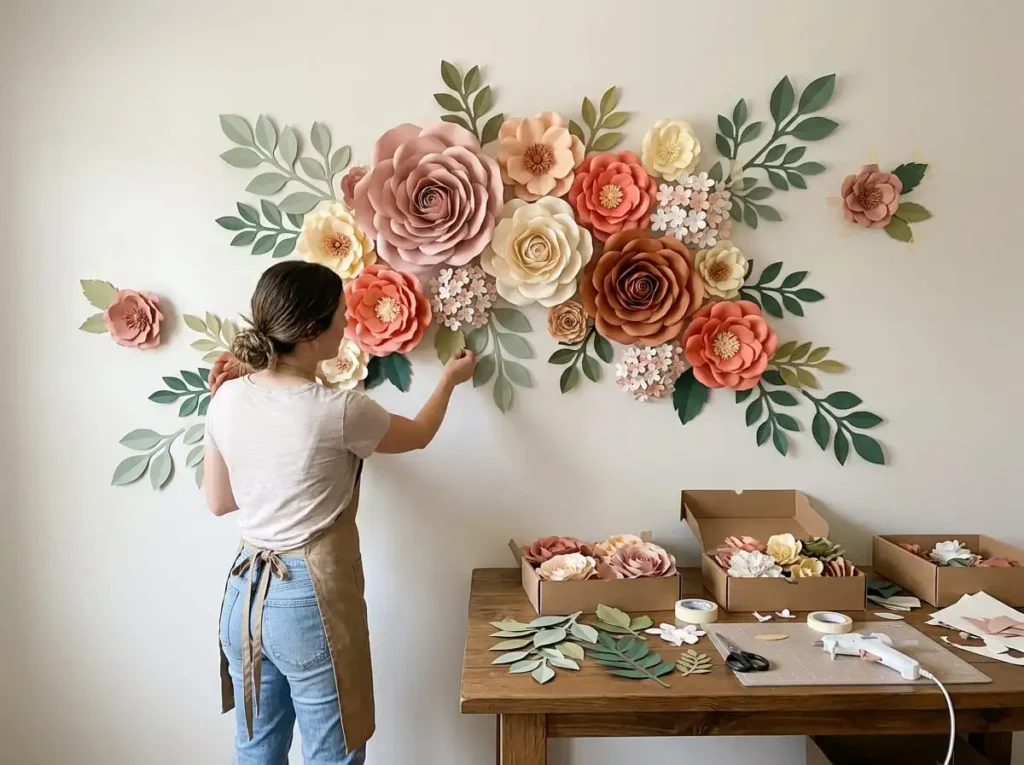 Arranging paper flowers on a wall with different sizes and colors