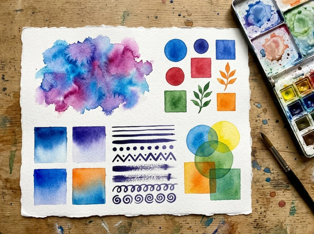 Beginner watercolor techniques showing different paint effects