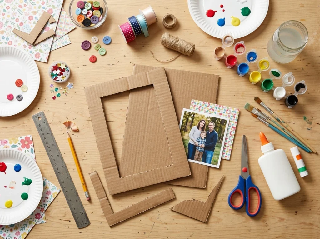 Supplies needed to make a cardboard photo frame craft