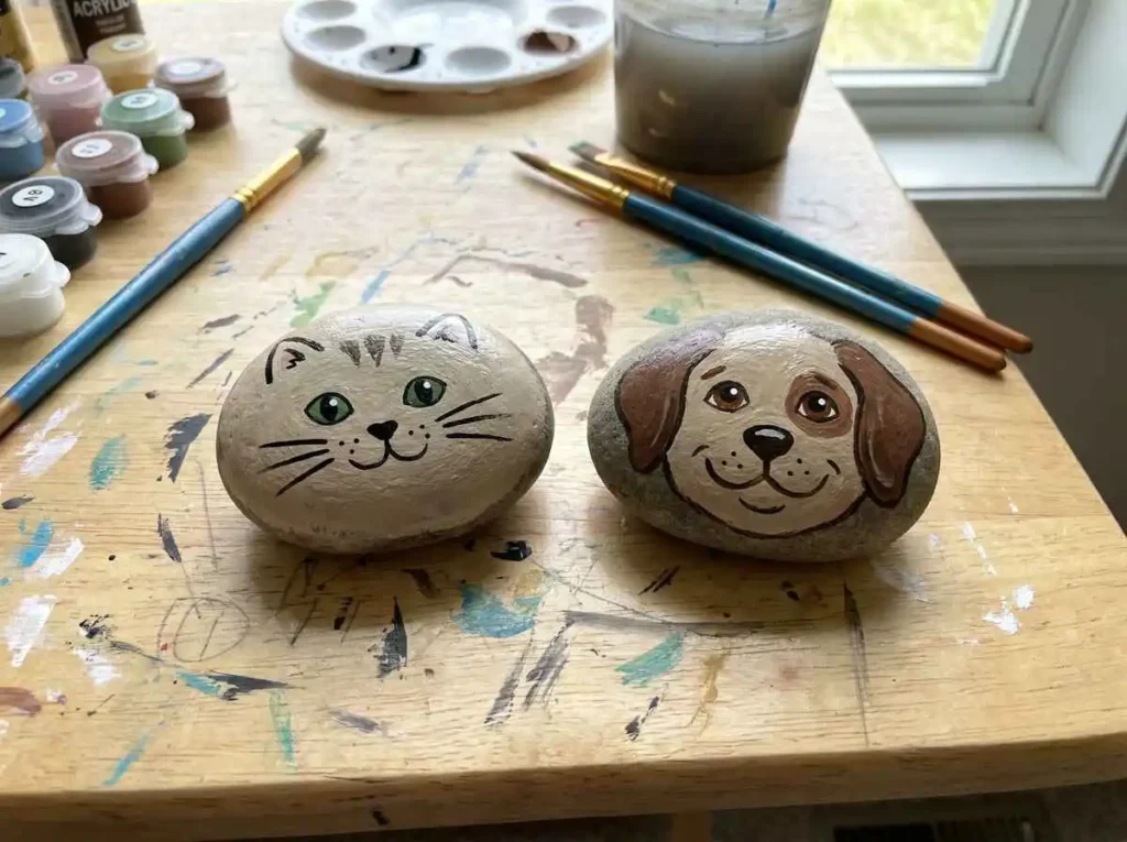 Cute cat and dog rock painting ideas for beginners