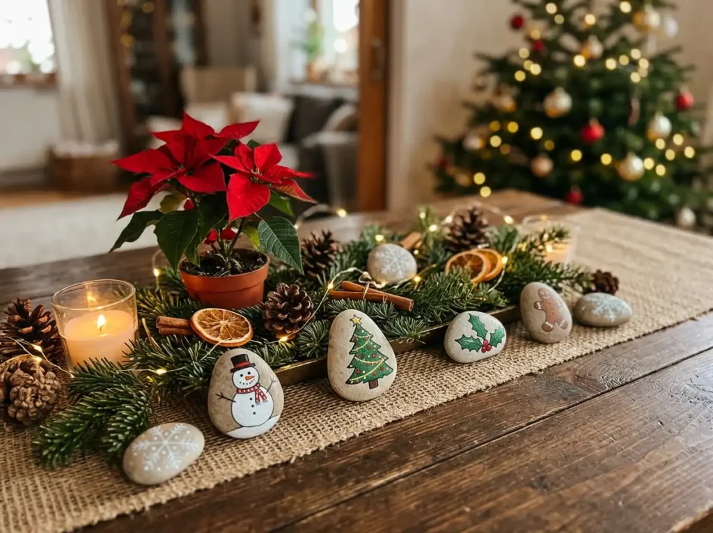 Christmas painted rocks used as handmade holiday decorations