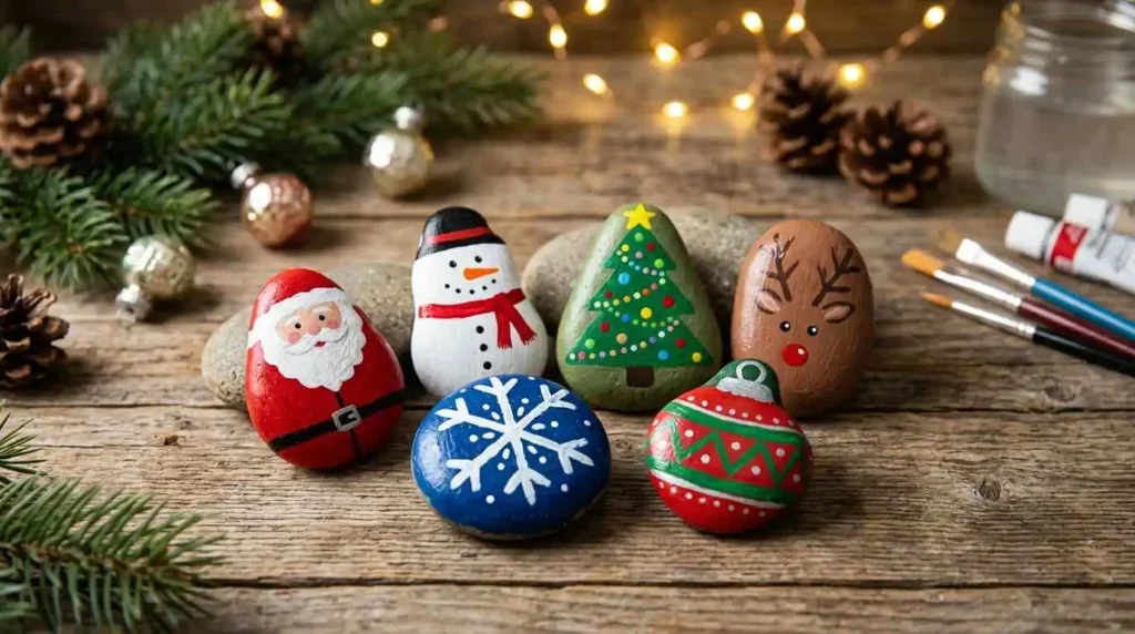 Christmas rock painting ideas with colorful holiday painted rocks