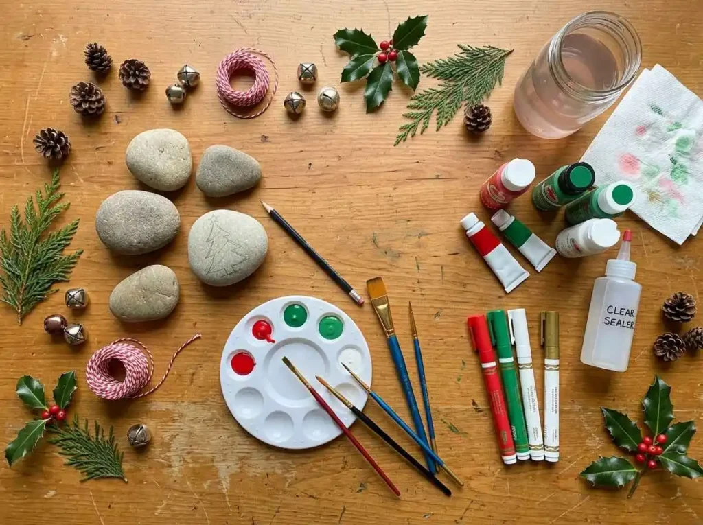 Christmas rock painting supplies including acrylic paints brushes and rocks