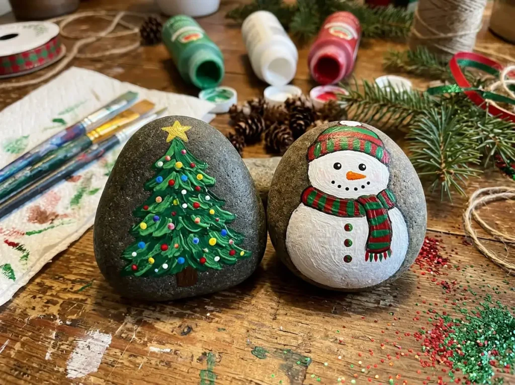 Christmas tree and snowman painted rock ideas for holiday crafts