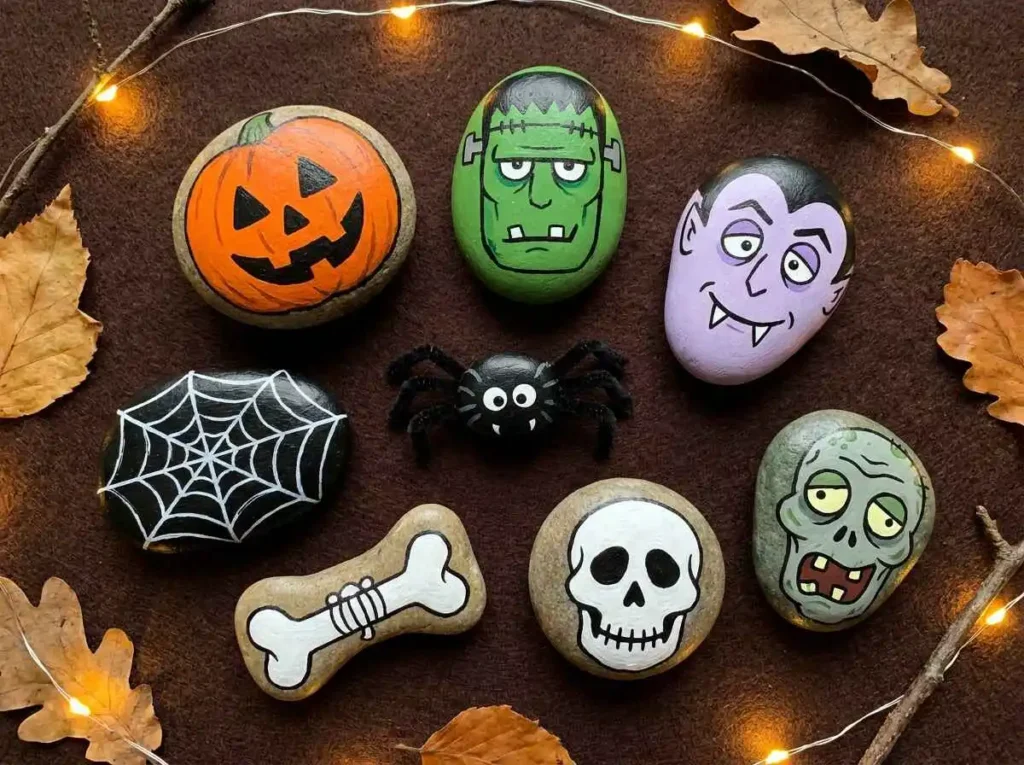 Classic Halloween painted rock ideas with Frankenstein, vampire and skeleton designs
