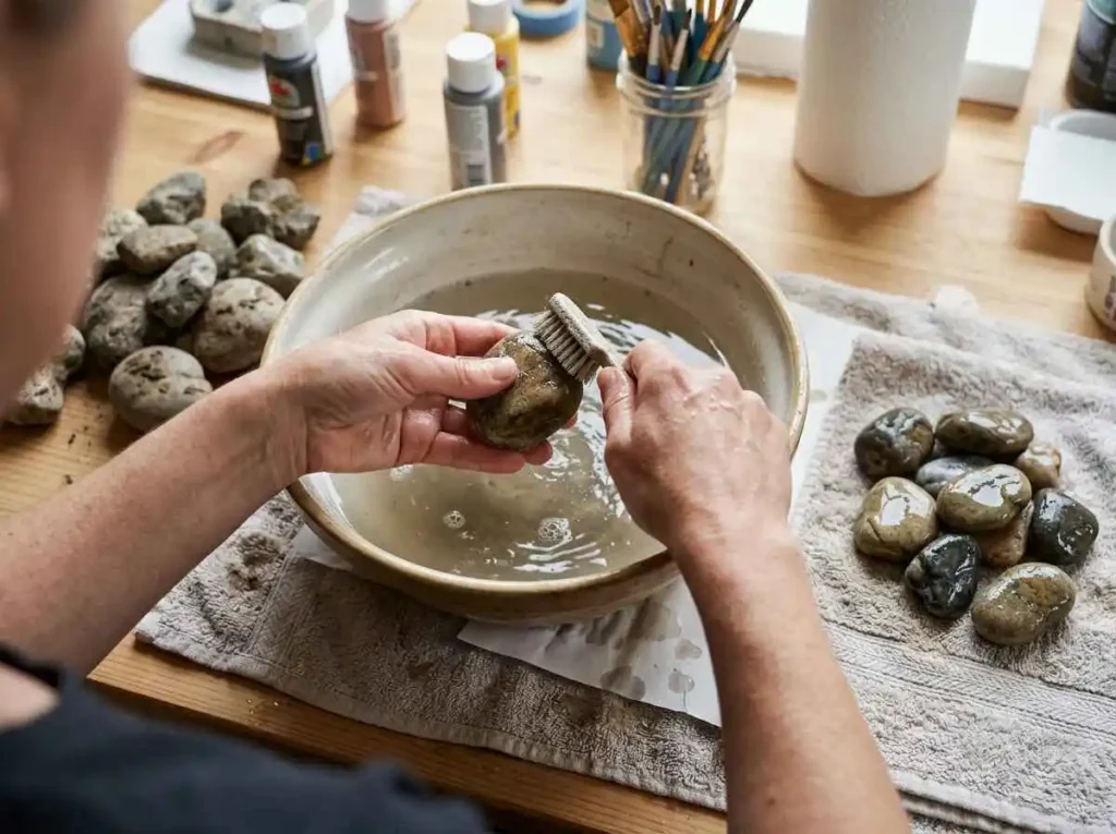 Cleaning rocks with water before starting a rock painting project