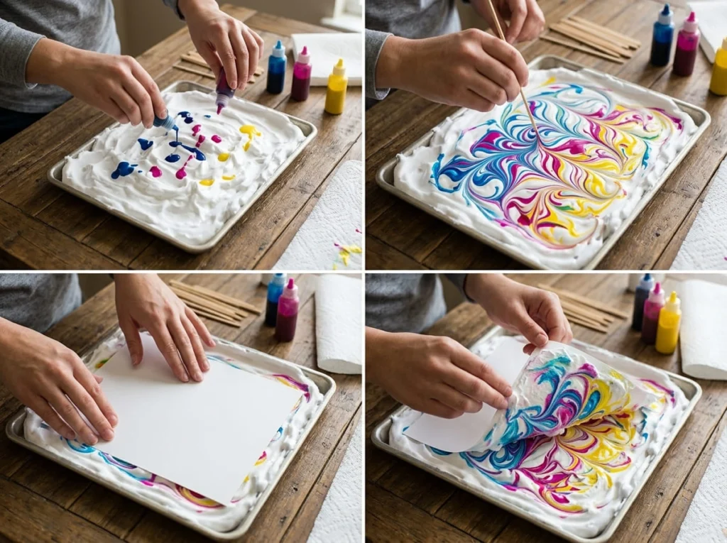 Creating marble patterns with shaving cream and paint