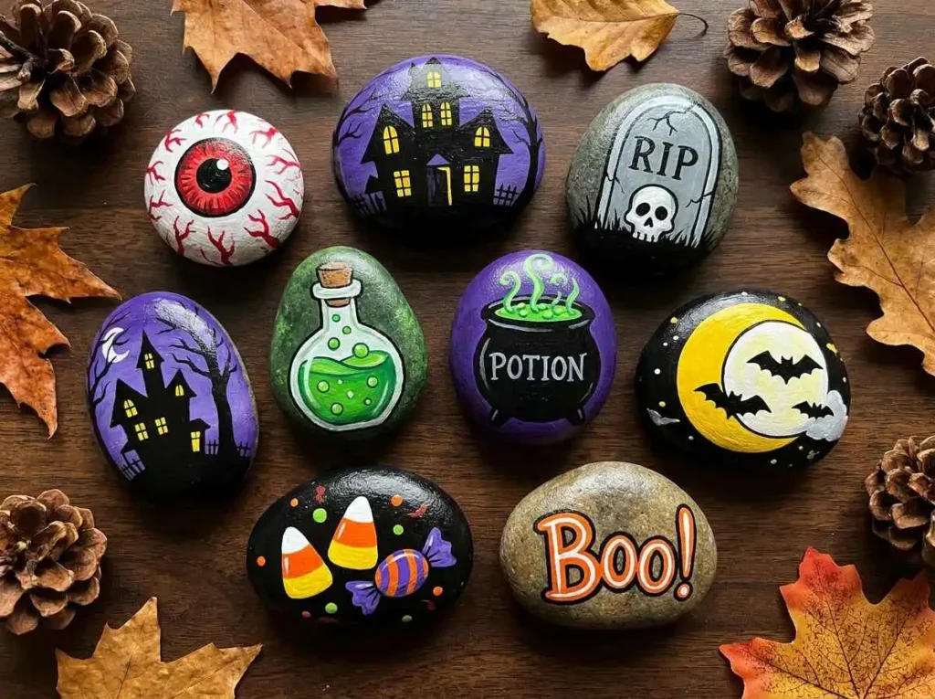 Creative Halloween rock painting ideas with haunted house, eyeball and witch cauldron