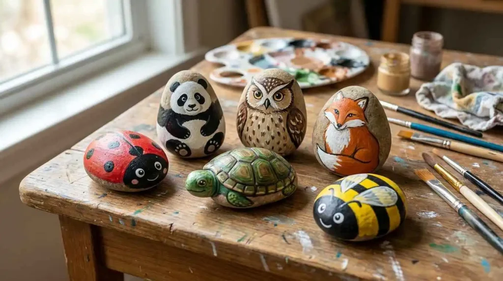 Cute animal rock painting ideas featuring colorful painted animal rocks