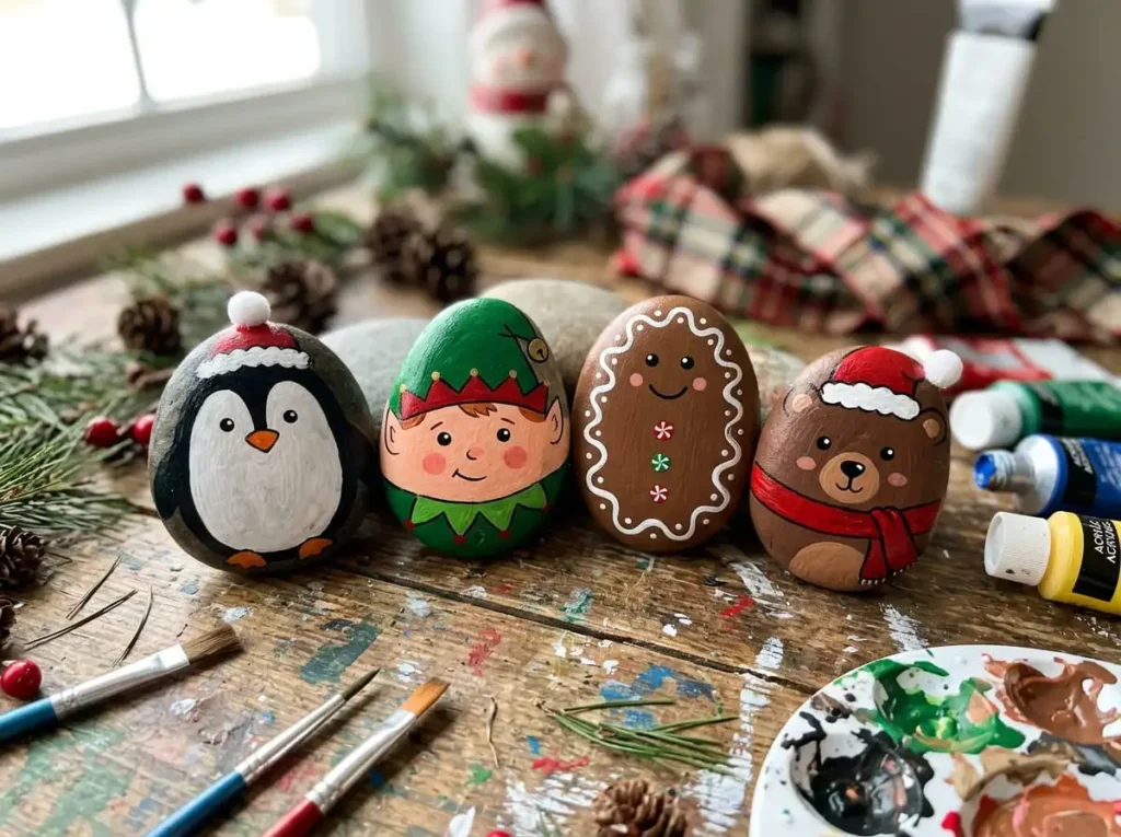 Cute Christmas character painted rocks including penguin elf and gingerbread designs
