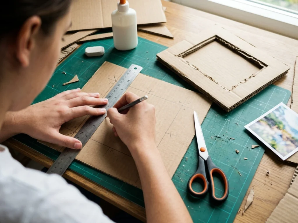 Cutting cardboard to create a handmade photo frame