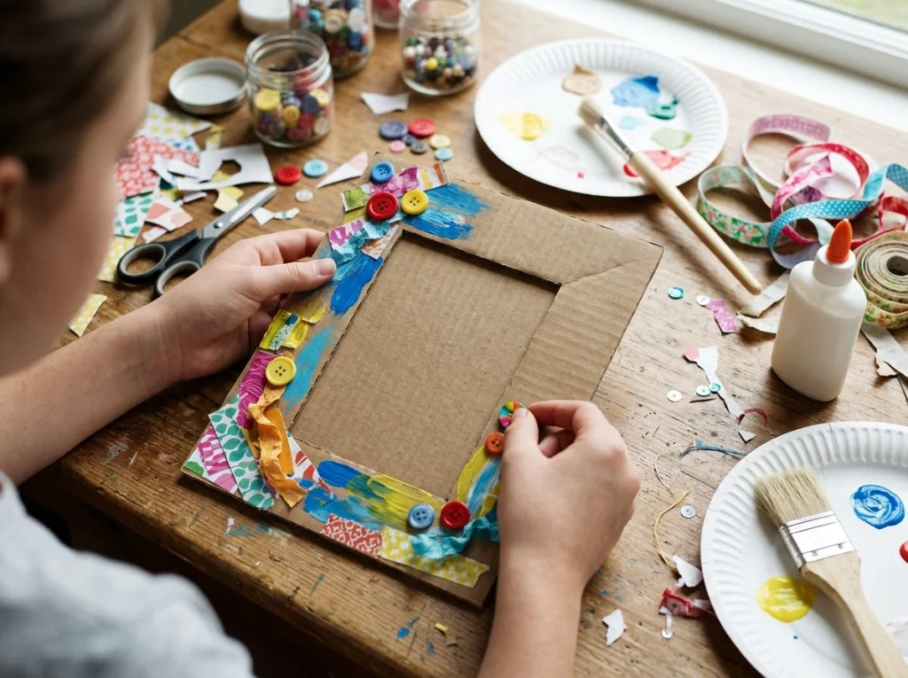 Decorating a handmade cardboard photo frame with craft materials
