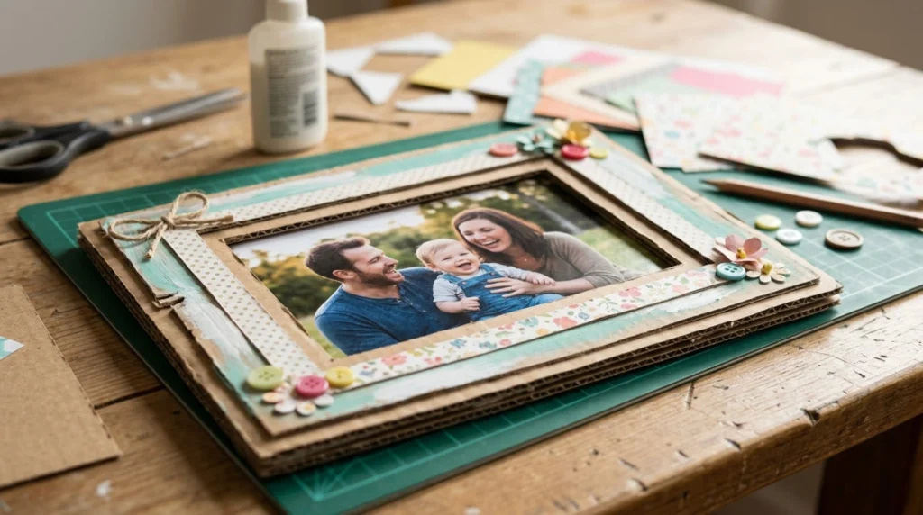 DIY cardboard photo frame made with recycled materials