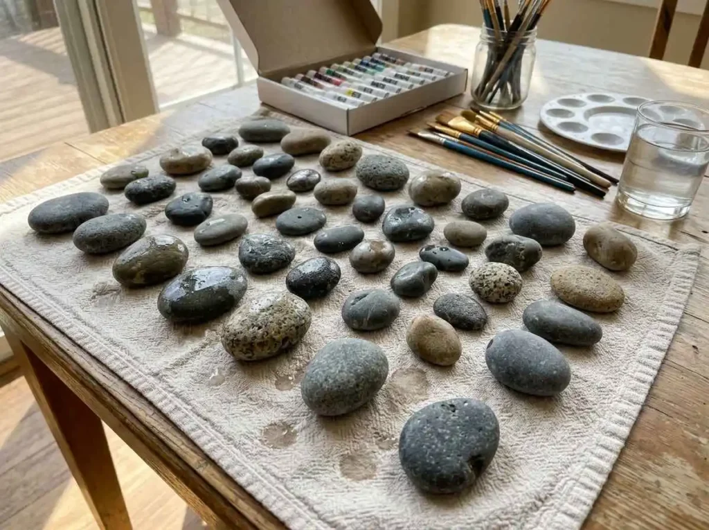 Clean rocks drying on a towel before acrylic rock painting