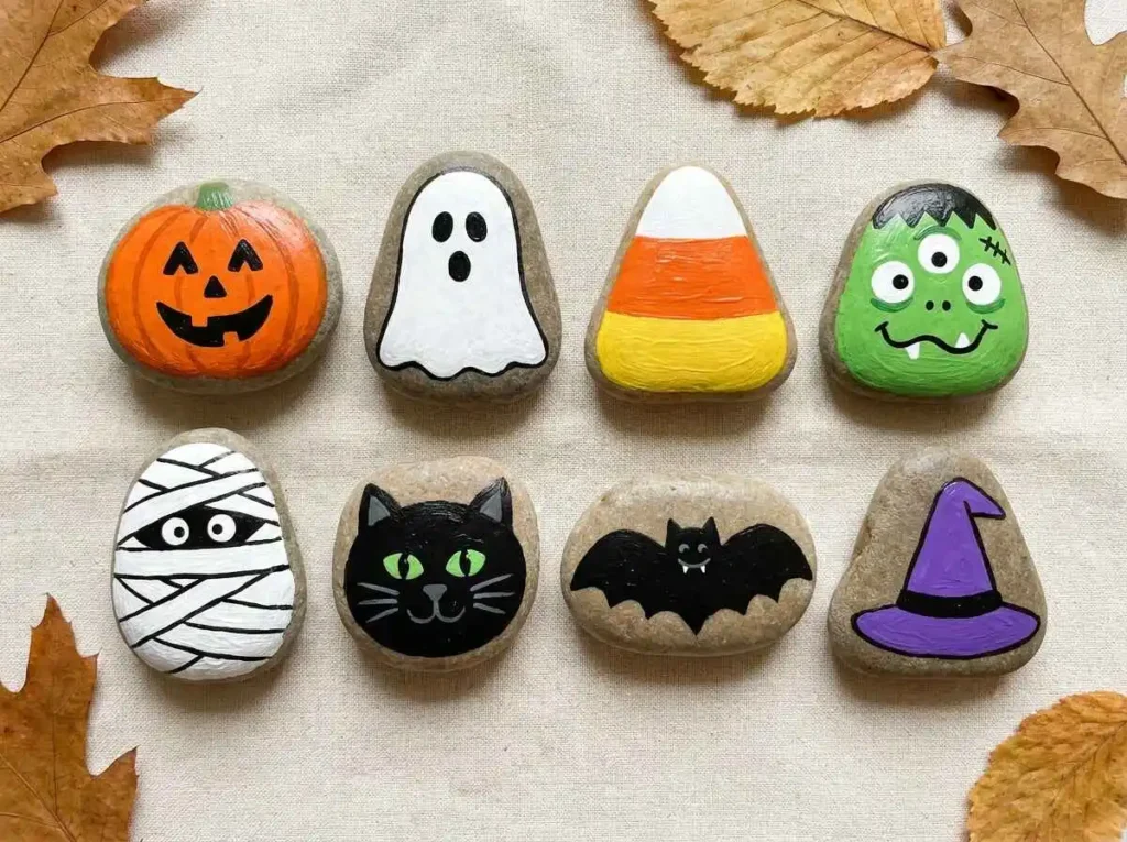Halloween painted rocks with pumpkin, ghost, candy corn and monster designs