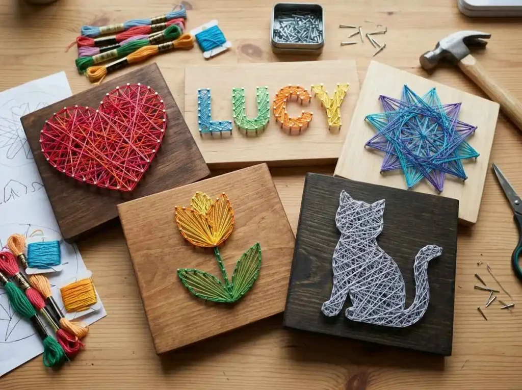 Easy string art ideas including heart flower and geometric designs