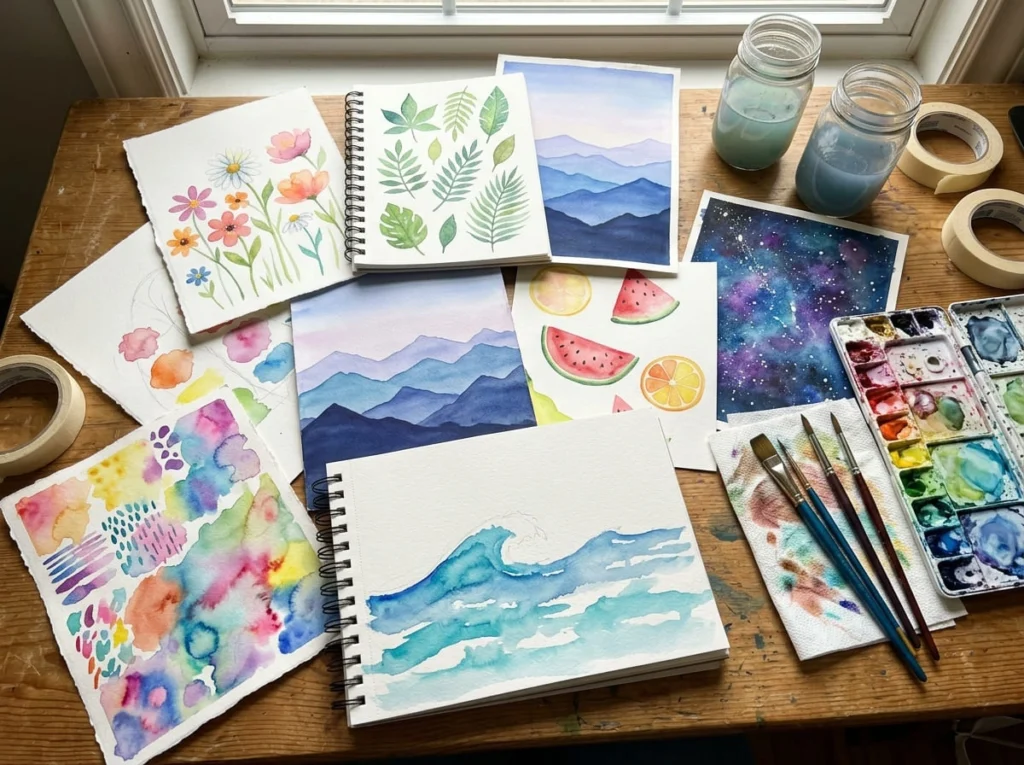 Easy watercolor painting ideas including flowers and landscapes