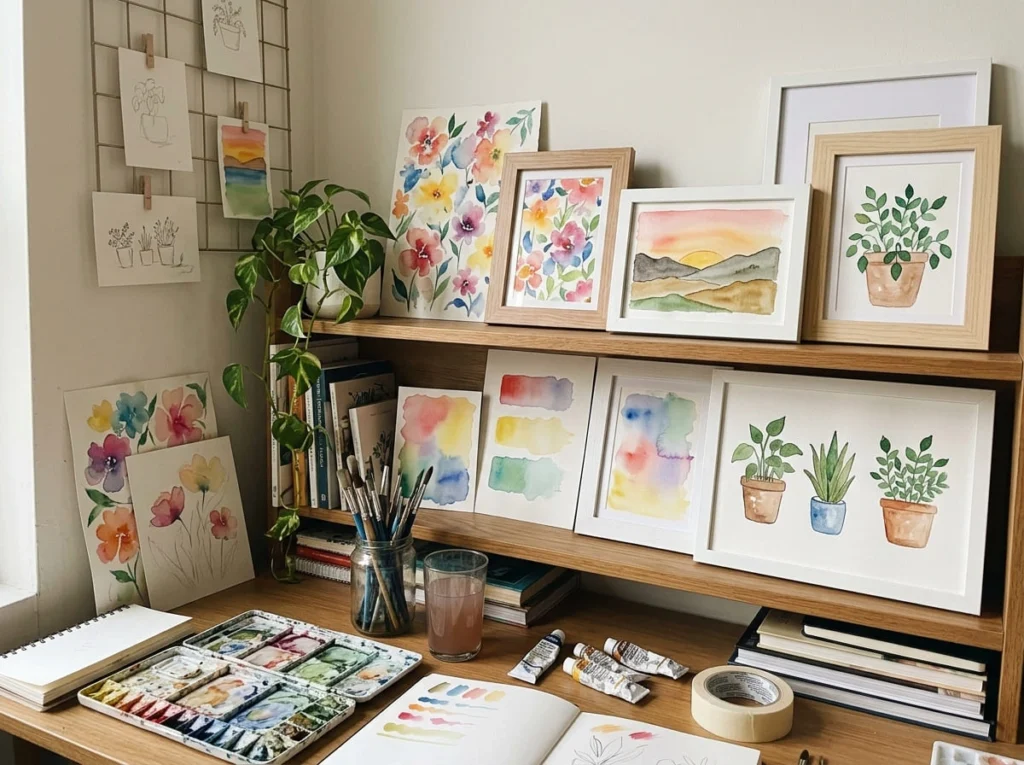 Finished beginner watercolor artwork displayed as home decoration